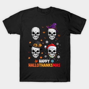 Skull Costume Halloween Thanksgiving Christmas Happy Hallothanksmas T-Shirt